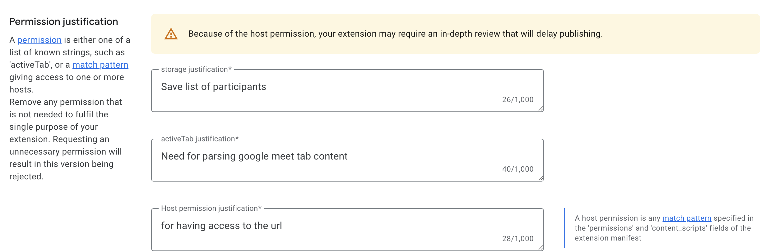 Permission justification in Chrome Store before publishing