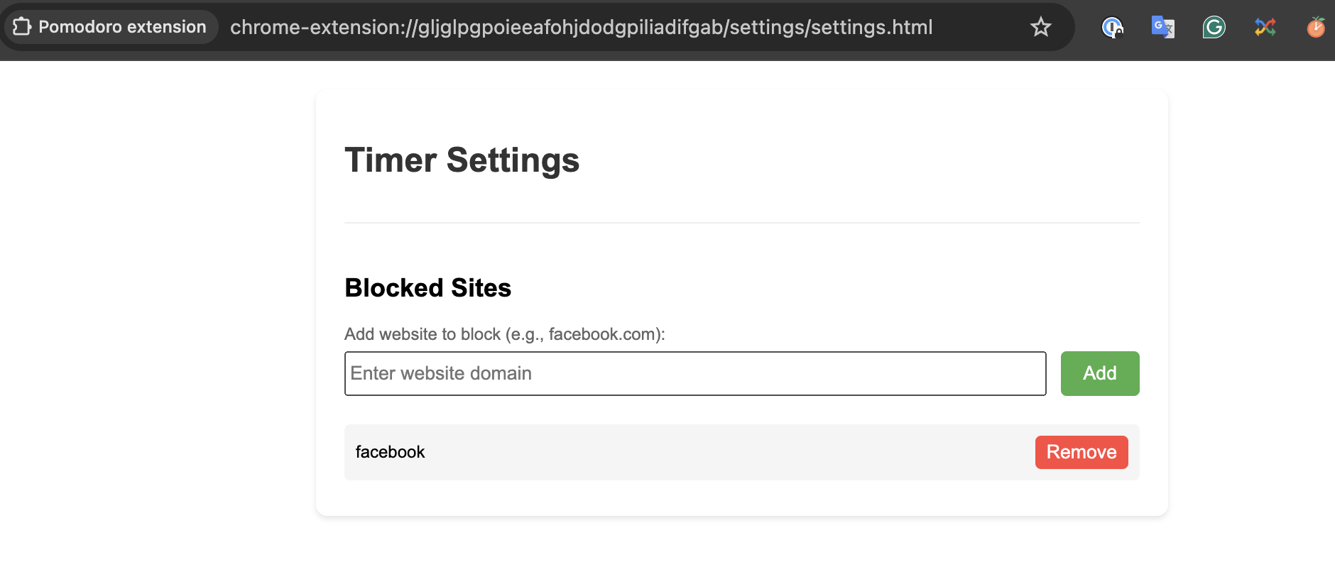 Extension settings page
