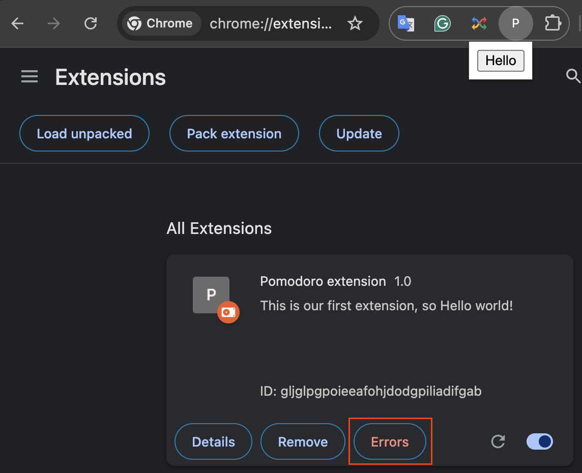Button for showing our extension errors