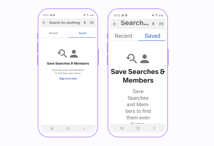 screenshot with default and large fonts