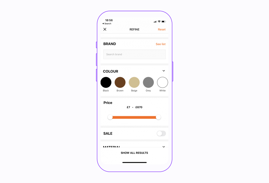 screen showing accessibility in zalando mobile app