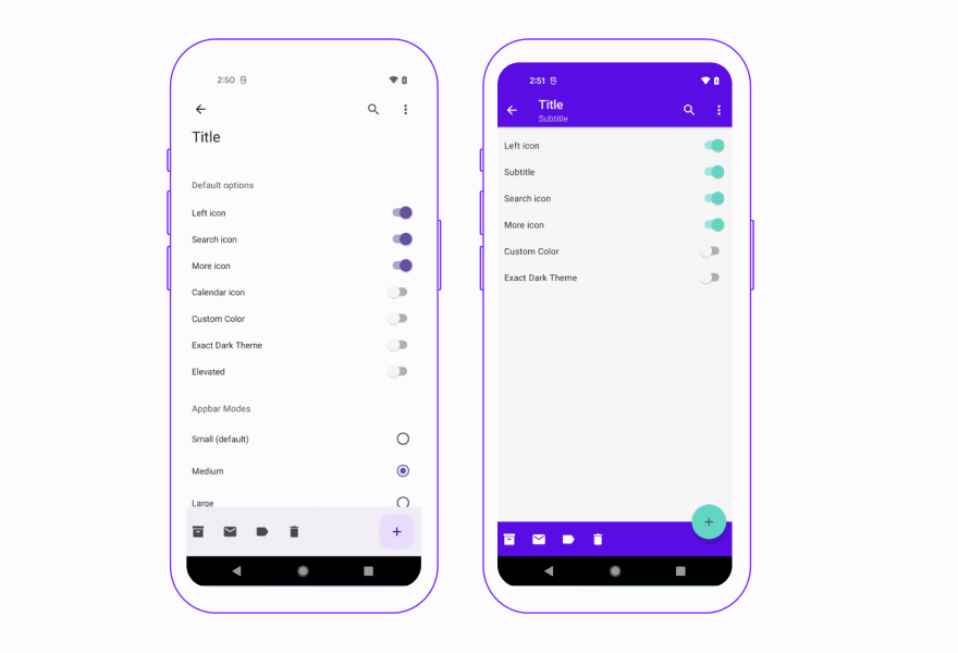 screenshot showing the difference between React Native Paper 4.0 and React Native Paper 5.0