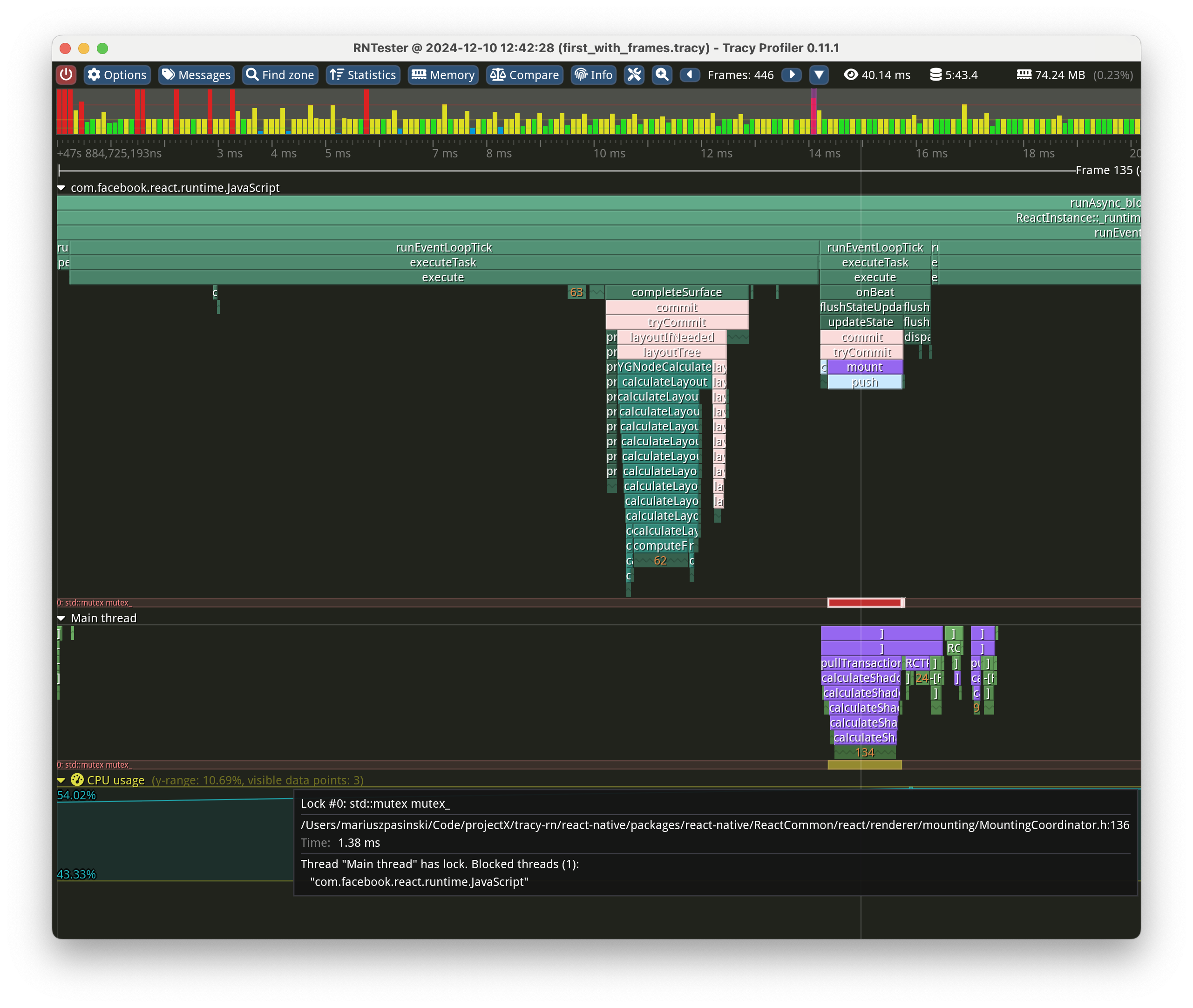 A screenshot of Tracy profiler while hovering over a mutex that blocks the JavaScript thread