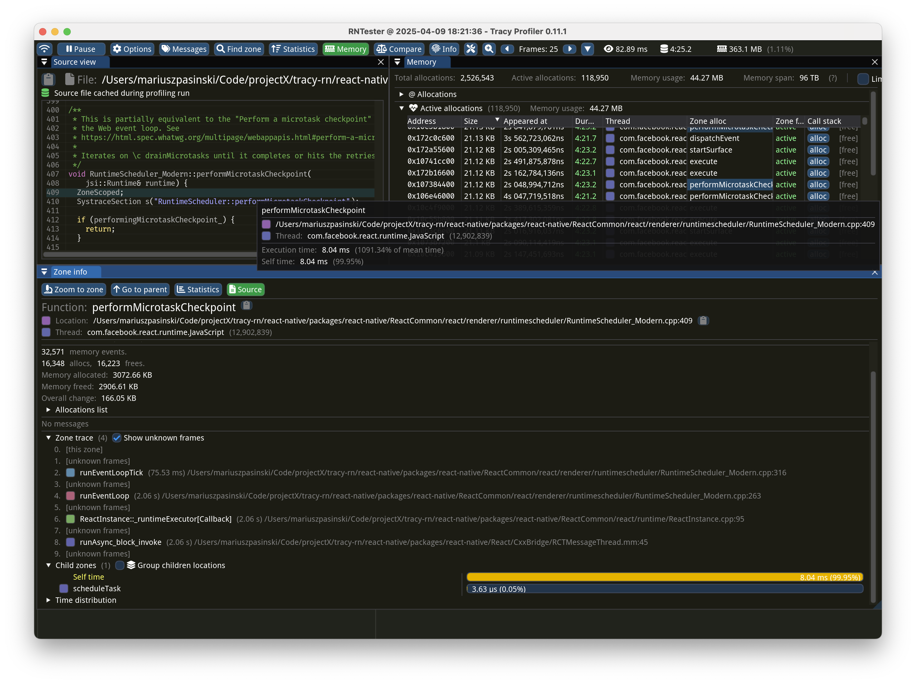 Screenshot of Tracy showing Active Memory allocations with linked zones and threads