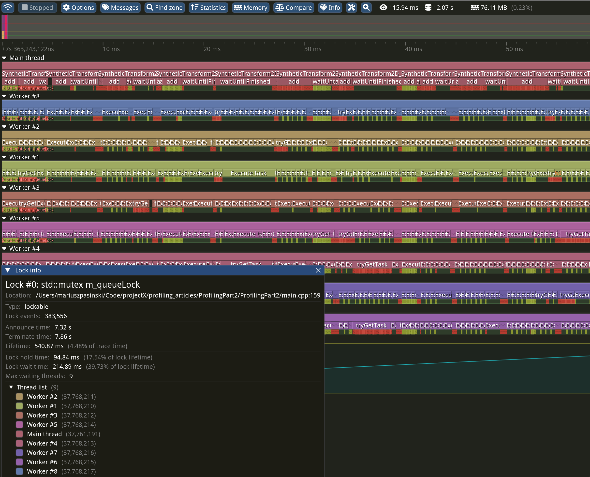 Screenshot from Tracy showing flame graphs for each thread, with lock usage