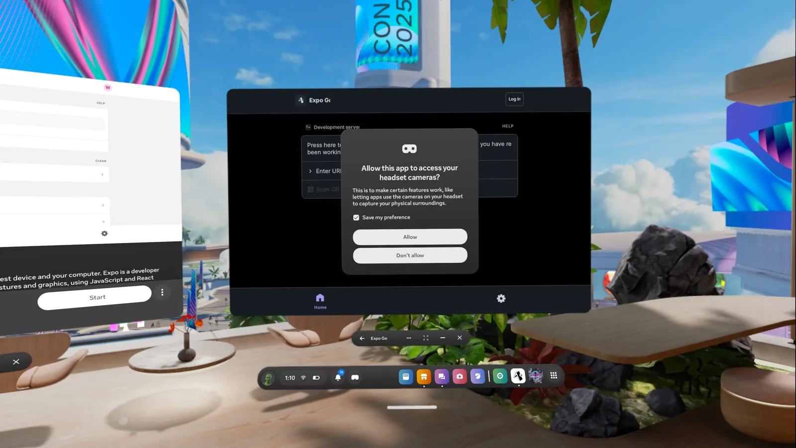Approve access to virtual cameras, so you can scan QR code displayed by Expo Go