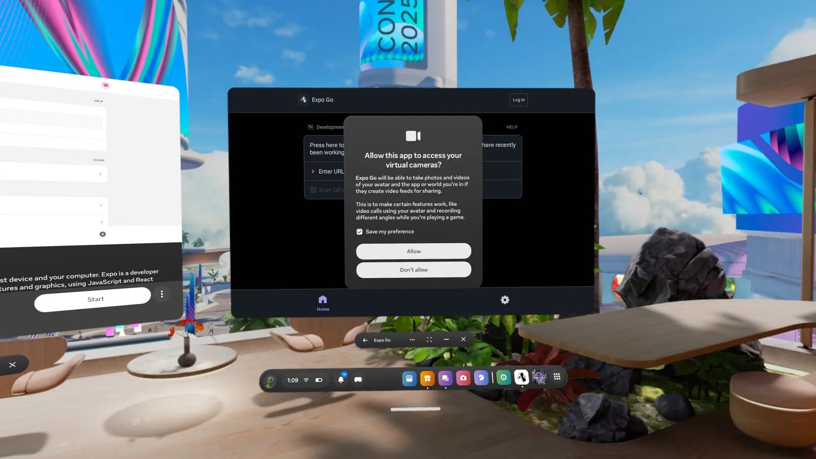 Approve access to virtual cameras, so you can scan QR code displayed by Expo Go