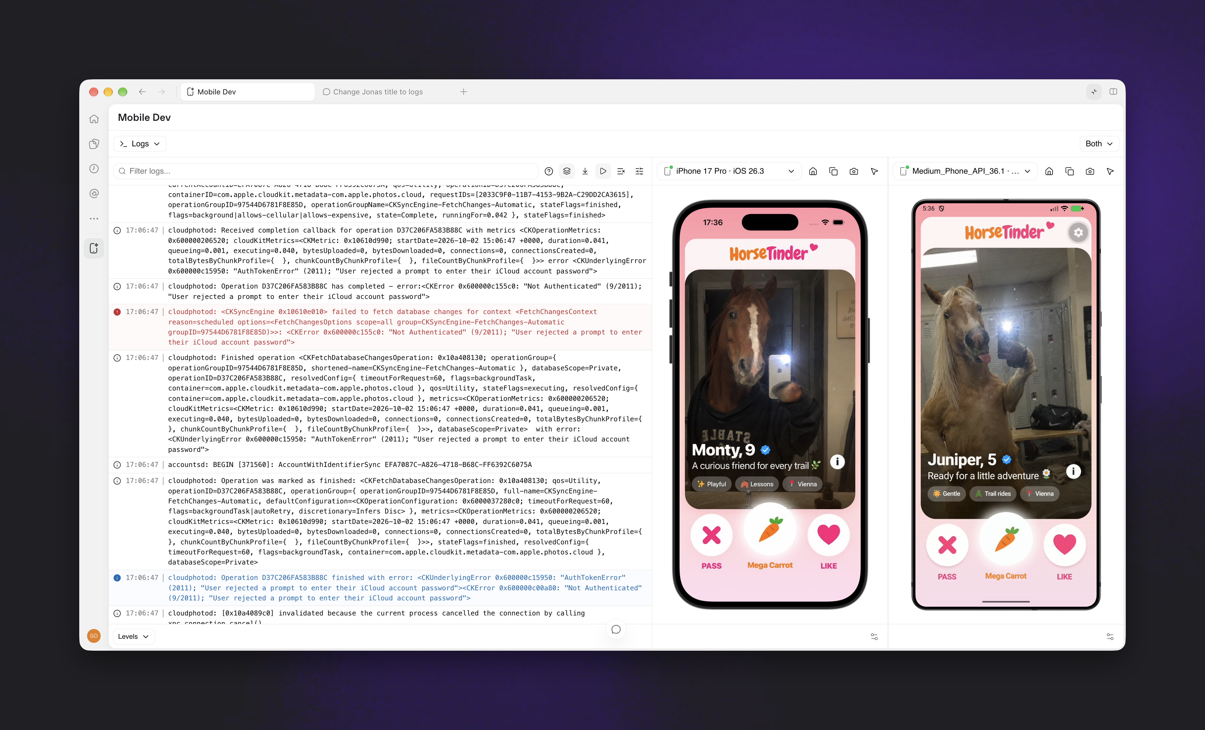 iOS and Android device previews side by side in Mobile Dev