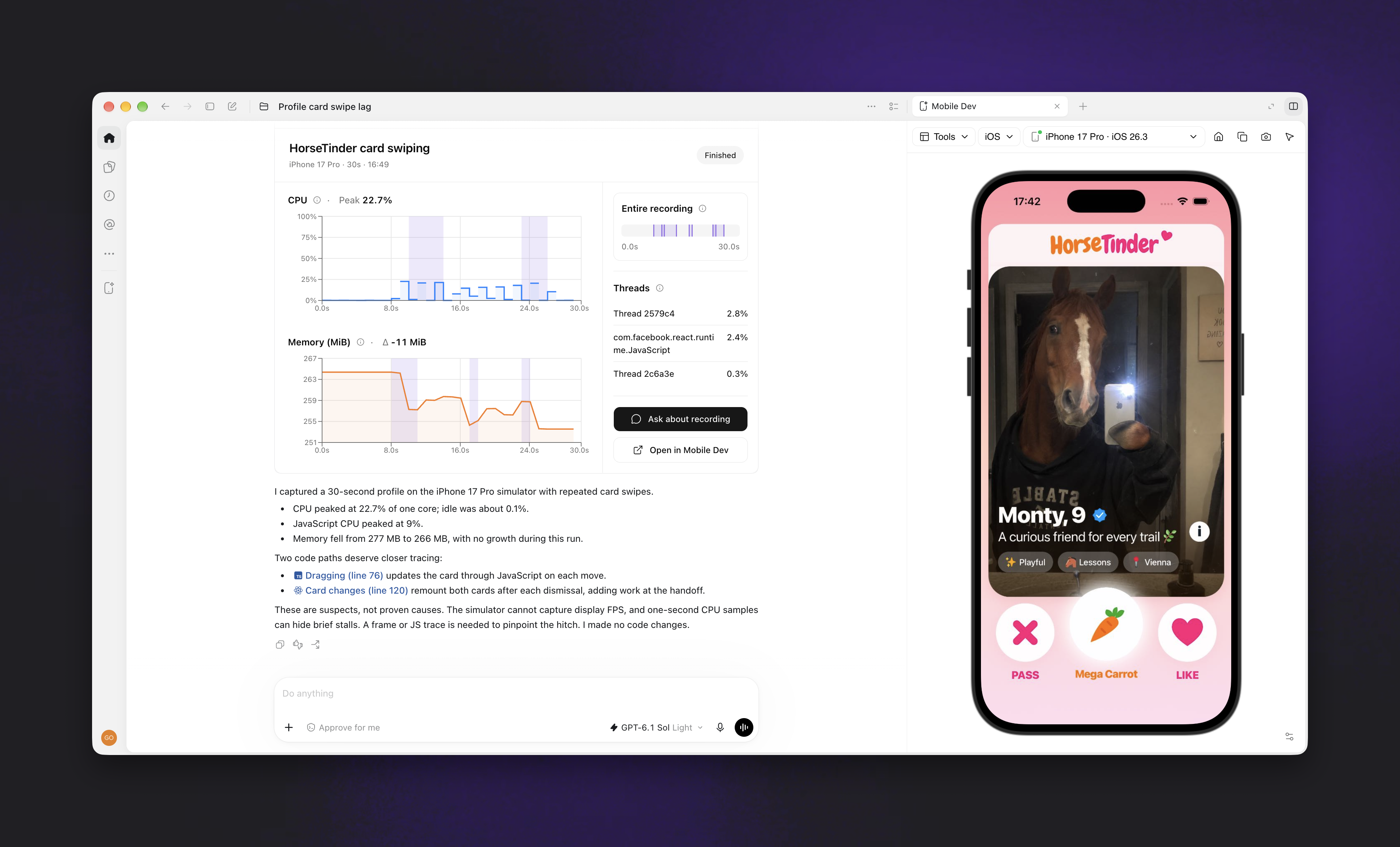 Performance monitoring and recording charts in Mobile Dev