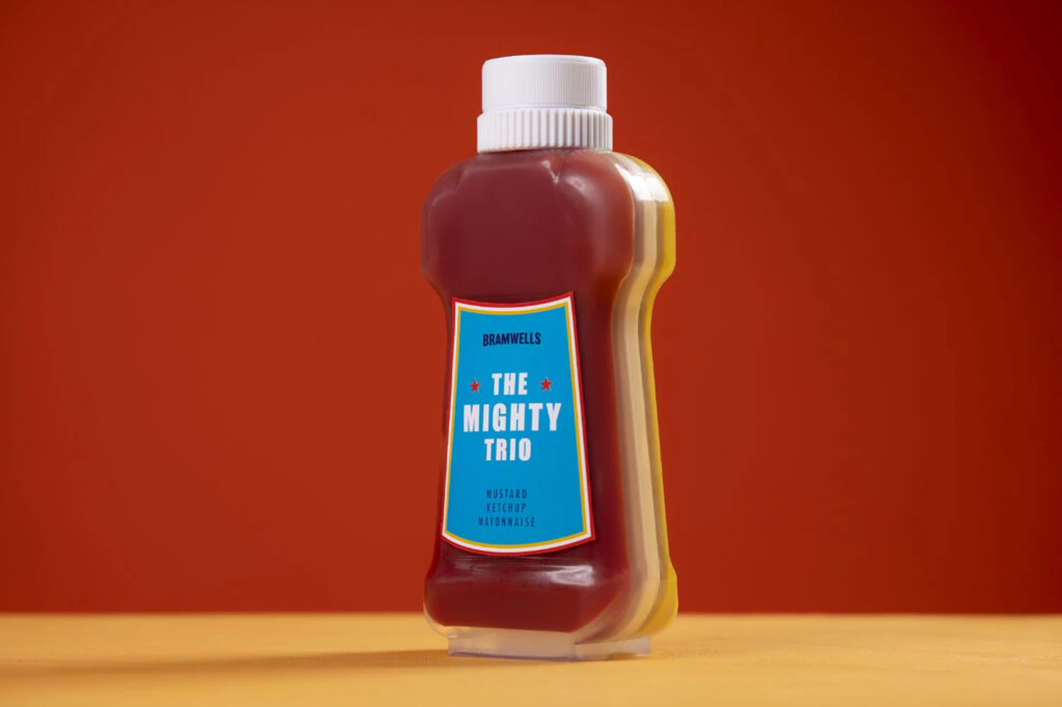 Finished Bramwells triple-chamber sauce bottle made by Nexform for the ALDI campaign