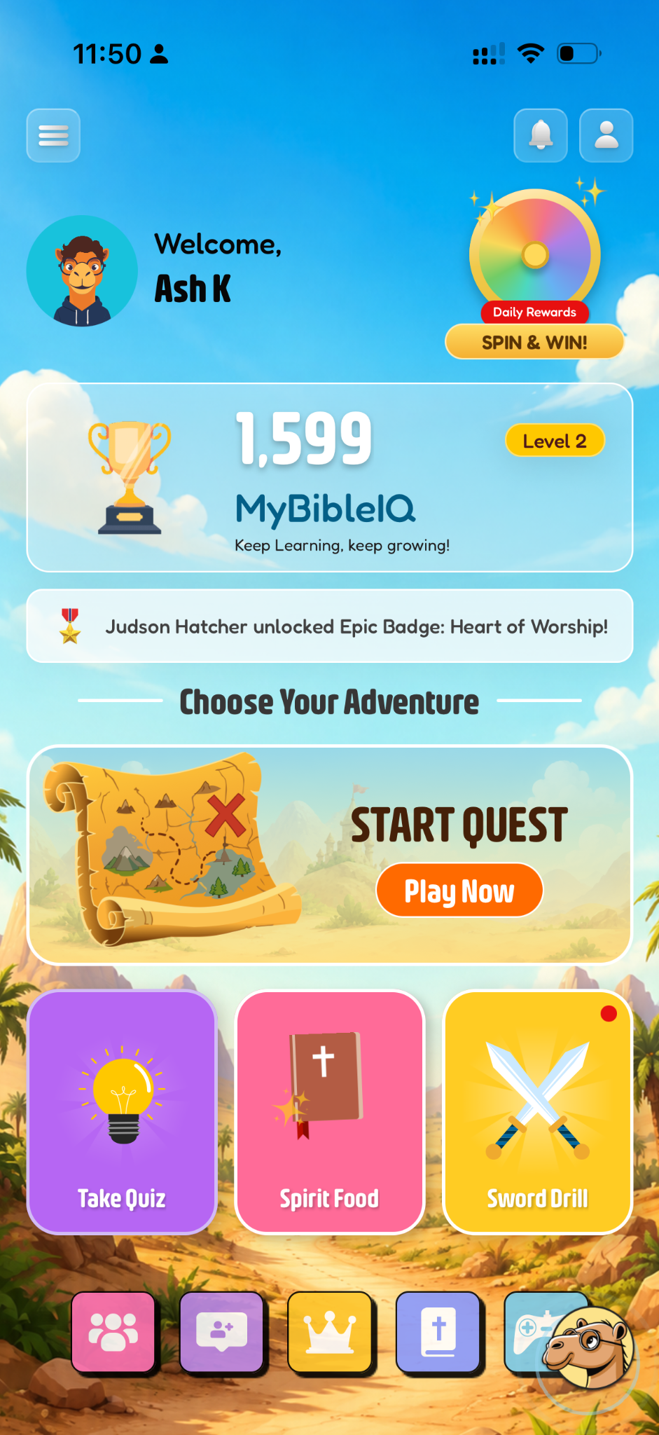 MyBibleIQ app dashboard with Quest, Quiz, Spirit Food and Sword Drill