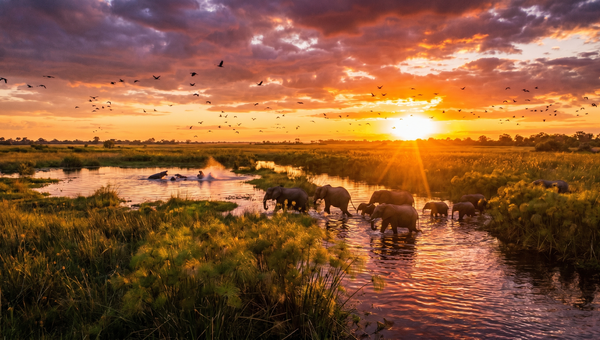 Botswana hero -- Okavango Delta at sunset