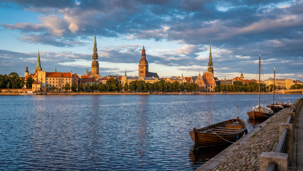 Latvia hero -- Riga Old Town skyline over the Daugava River
