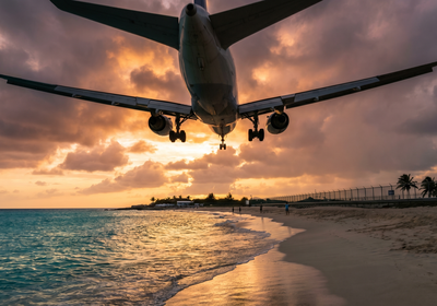 Netherlands Antilles -- Planes landing over Maho Beach, Sint Maarten