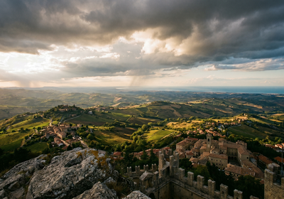 San Marino -- Panoramic view from Monte Titano over the Italian countryside