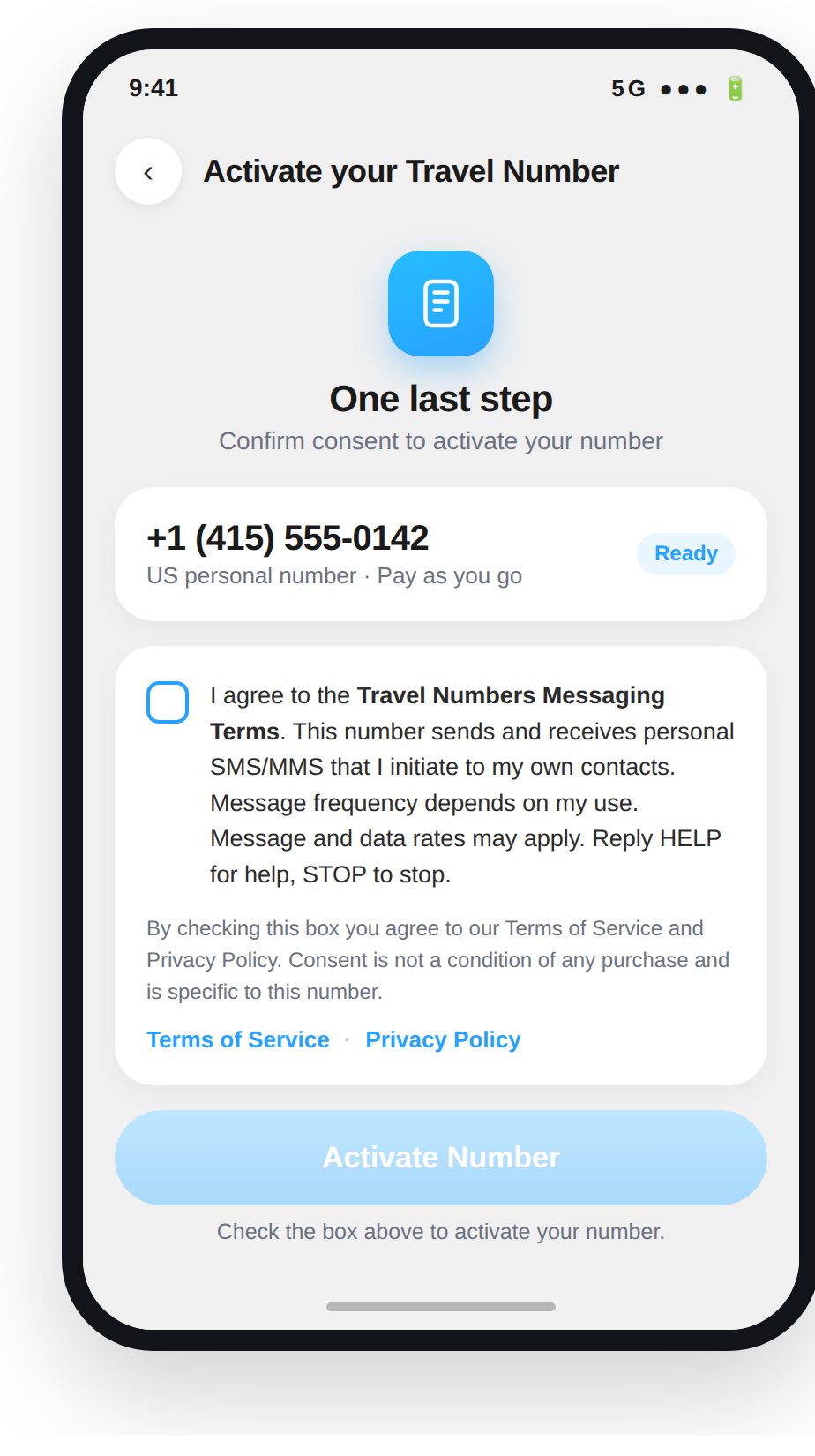 Bcengi app activation screen: the SMS consent checkbox, the Travel Numbers Messaging Terms text, and links to Terms of Service and Privacy Policy, with the Activate Number button disabled until the box is checked