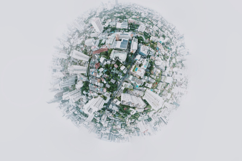 stock photo illustration of buildings on a ball