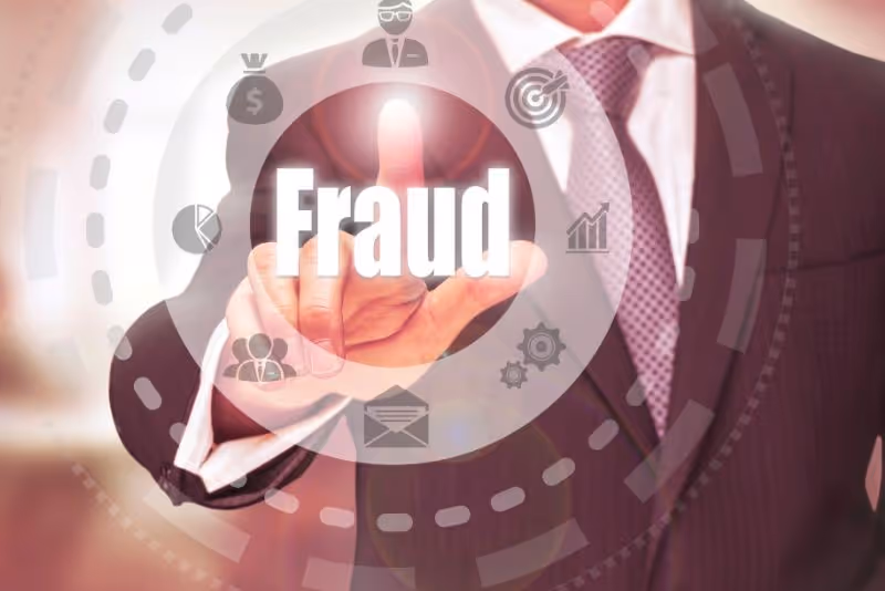 stock photo person touching screen with work fraud overlay