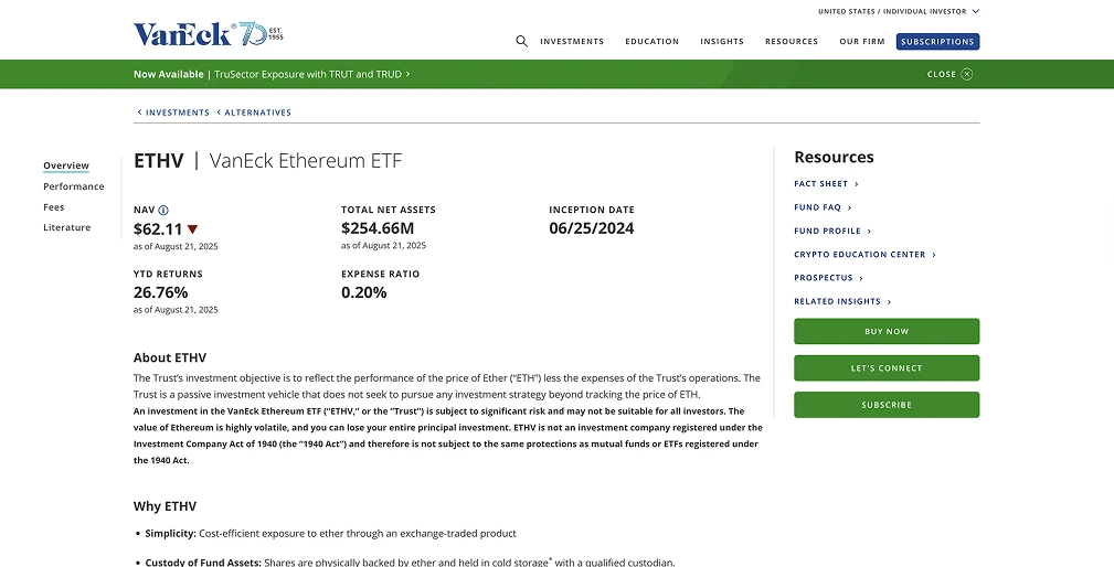 4. VanEck Ethereum ETF (ETHV) : Un ETF spot institutionnel solide