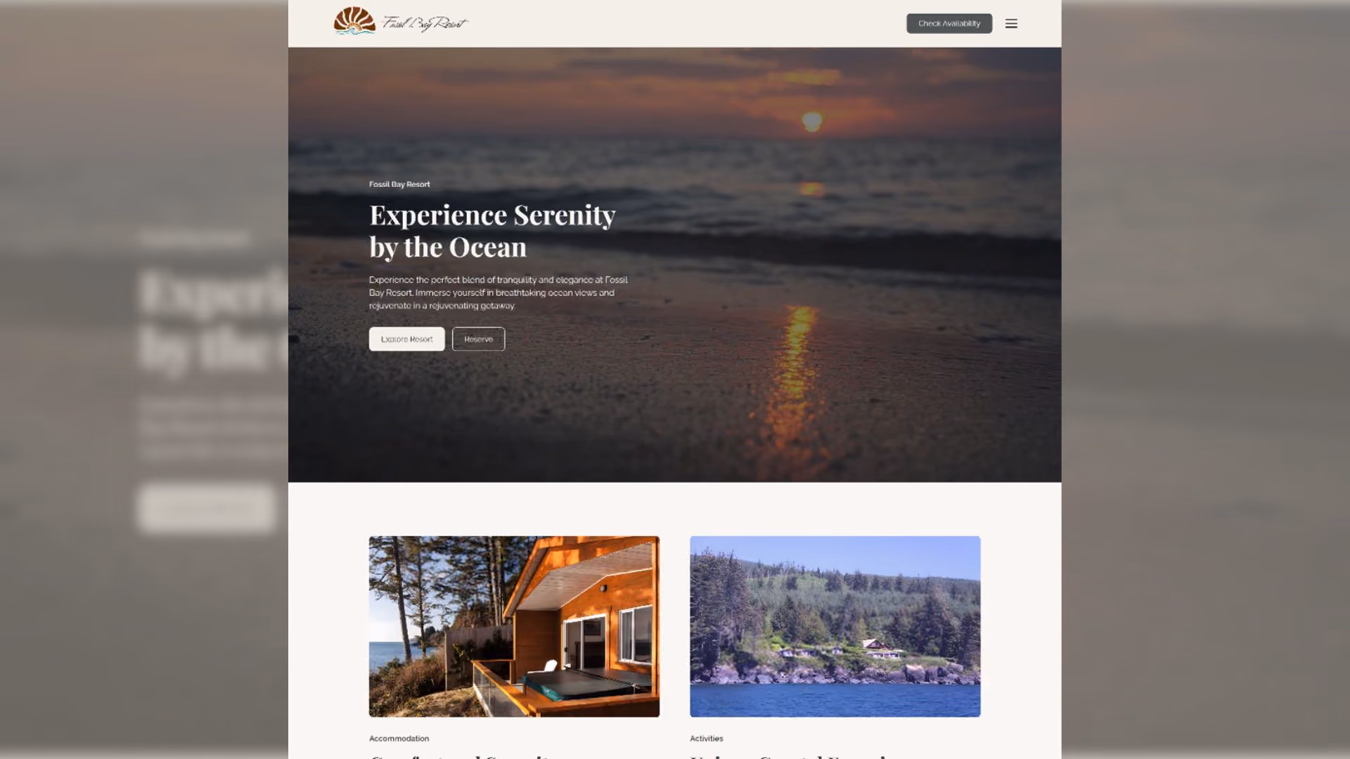 Fossil Bay Resort website homepage with ocean sunset, resort cabin with hot tub, and coastline views.