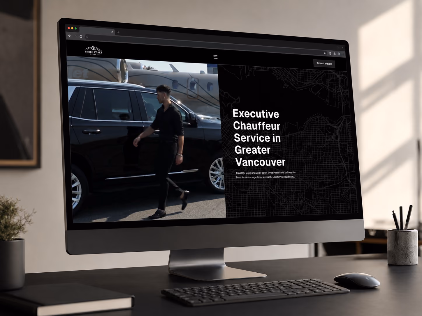 Computer screen showing Three Peaks Rides, an executive chauffeur service website for Greater Vancouver, with a man walking past a black SUV.