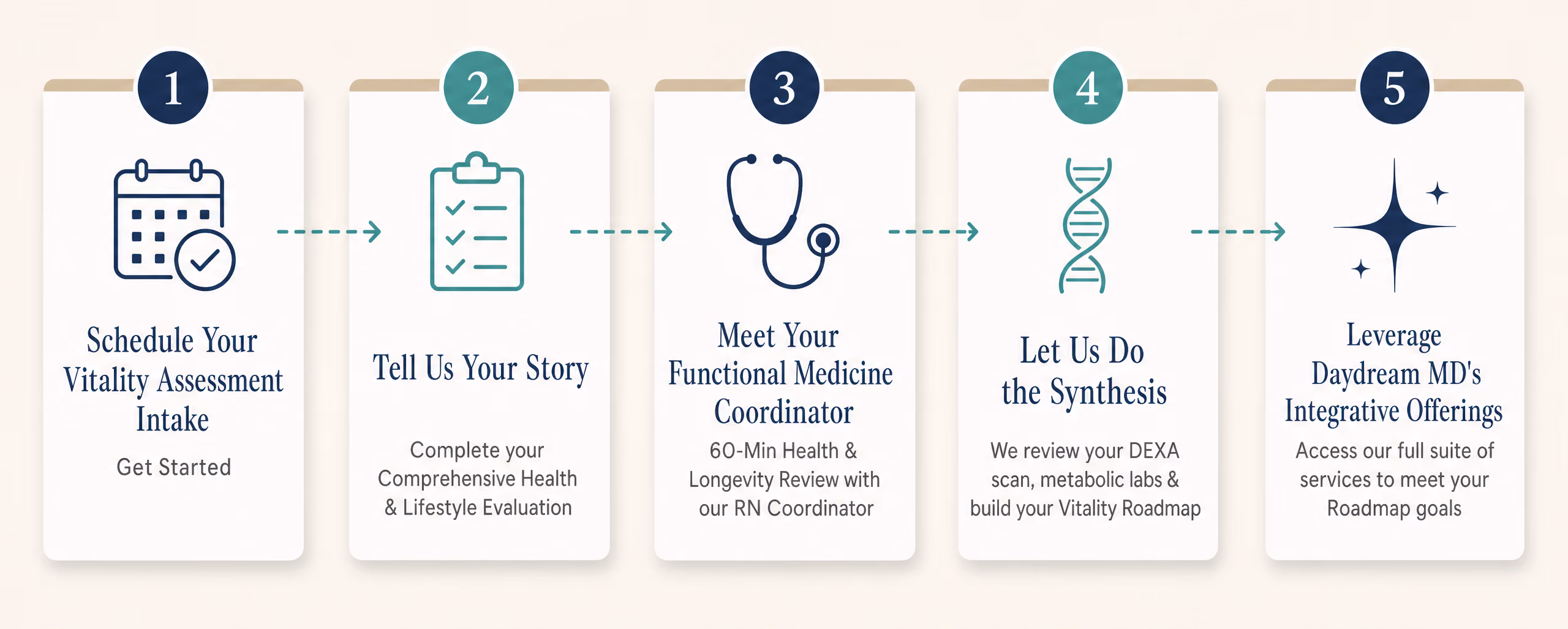 5-step Daydream MD Vitality Assessment process: schedule intake, health evaluation, functional medicine consultation, DEXA scan and metabolic labs, personalized wellness roadmap