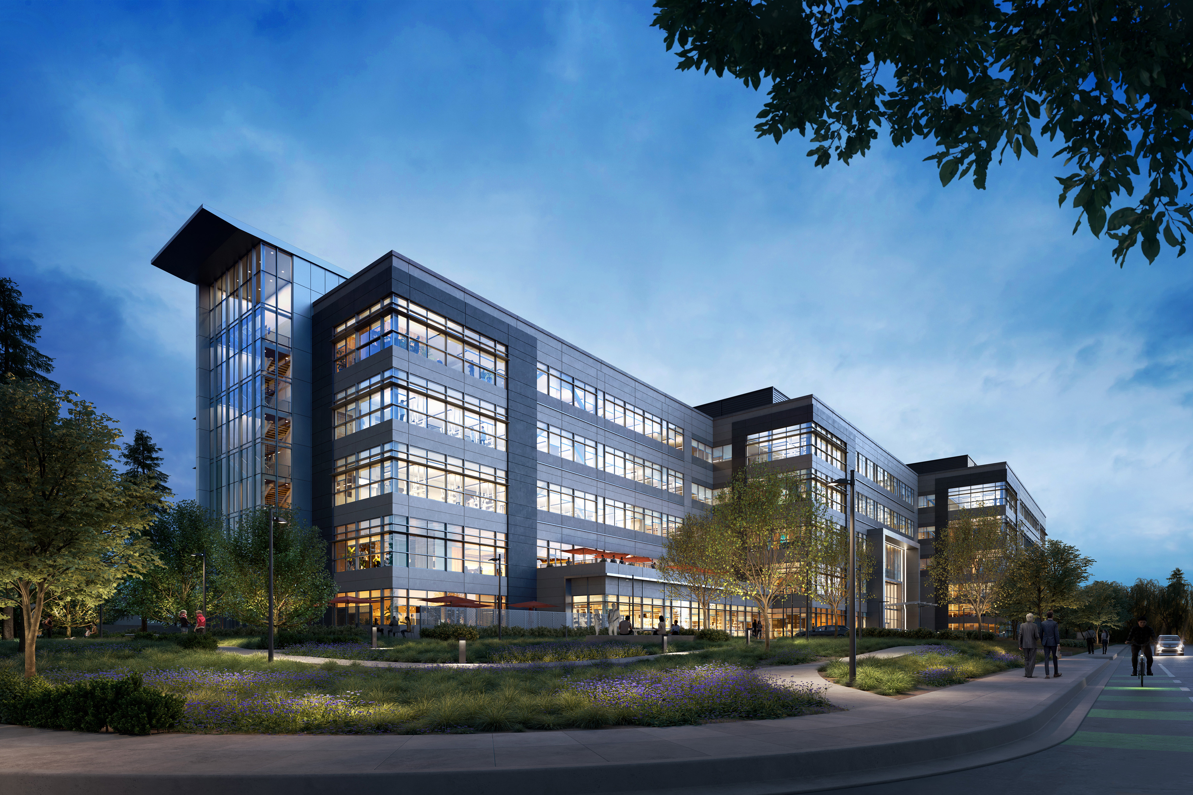 Exterior view of building at twilight