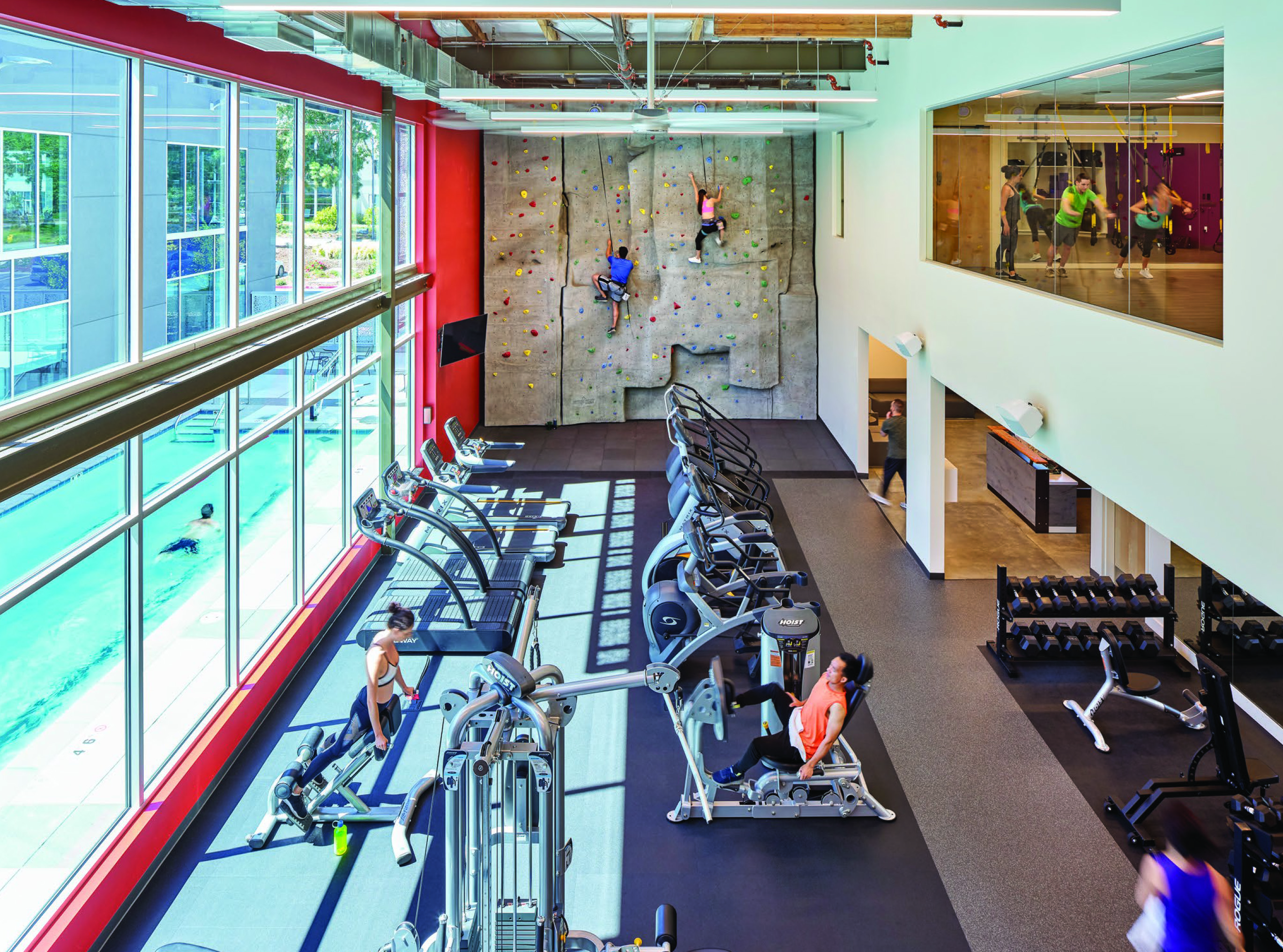 View of a climbing wall and gym floor