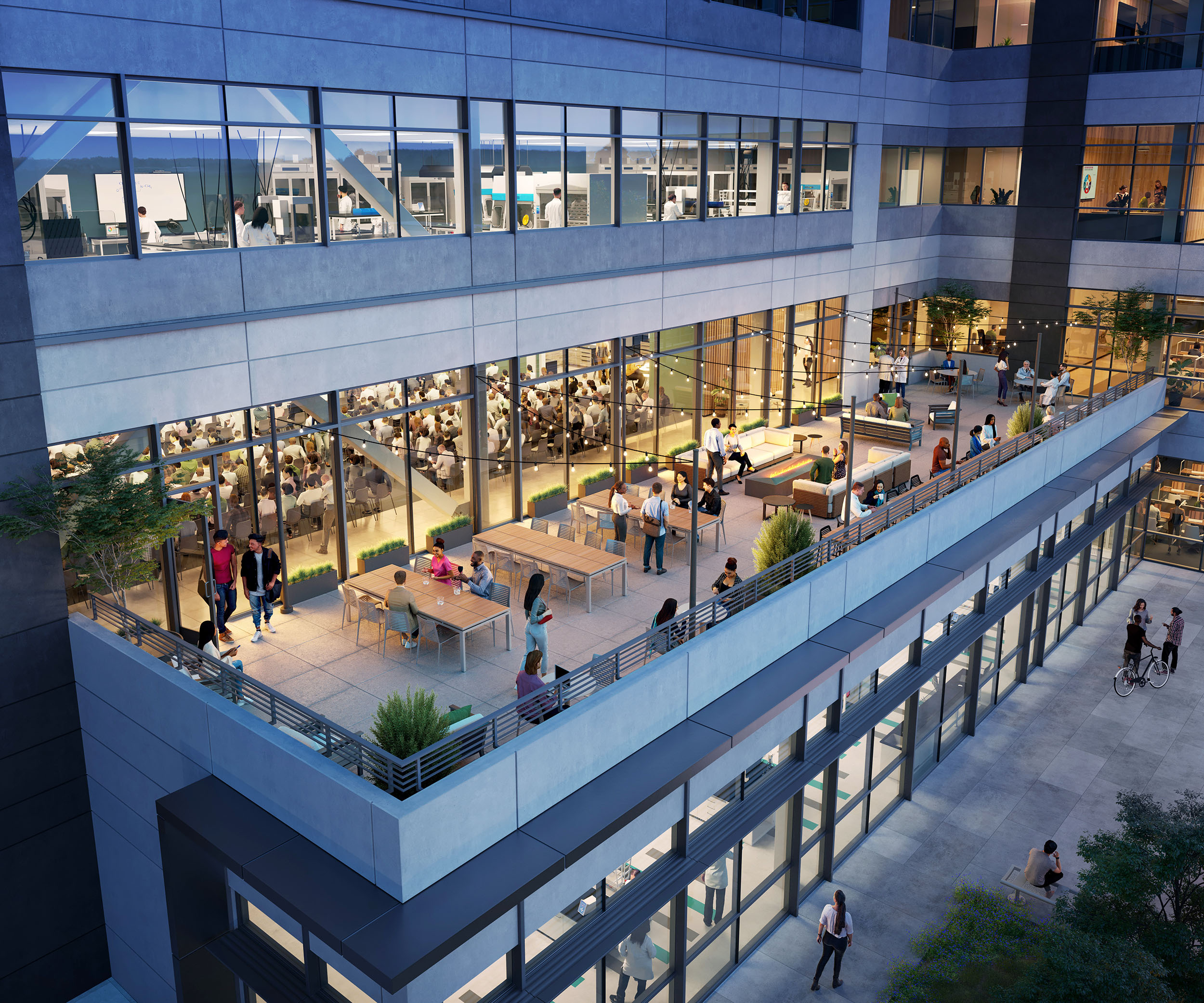 Second-story outdoor space with ample seating and fire pit