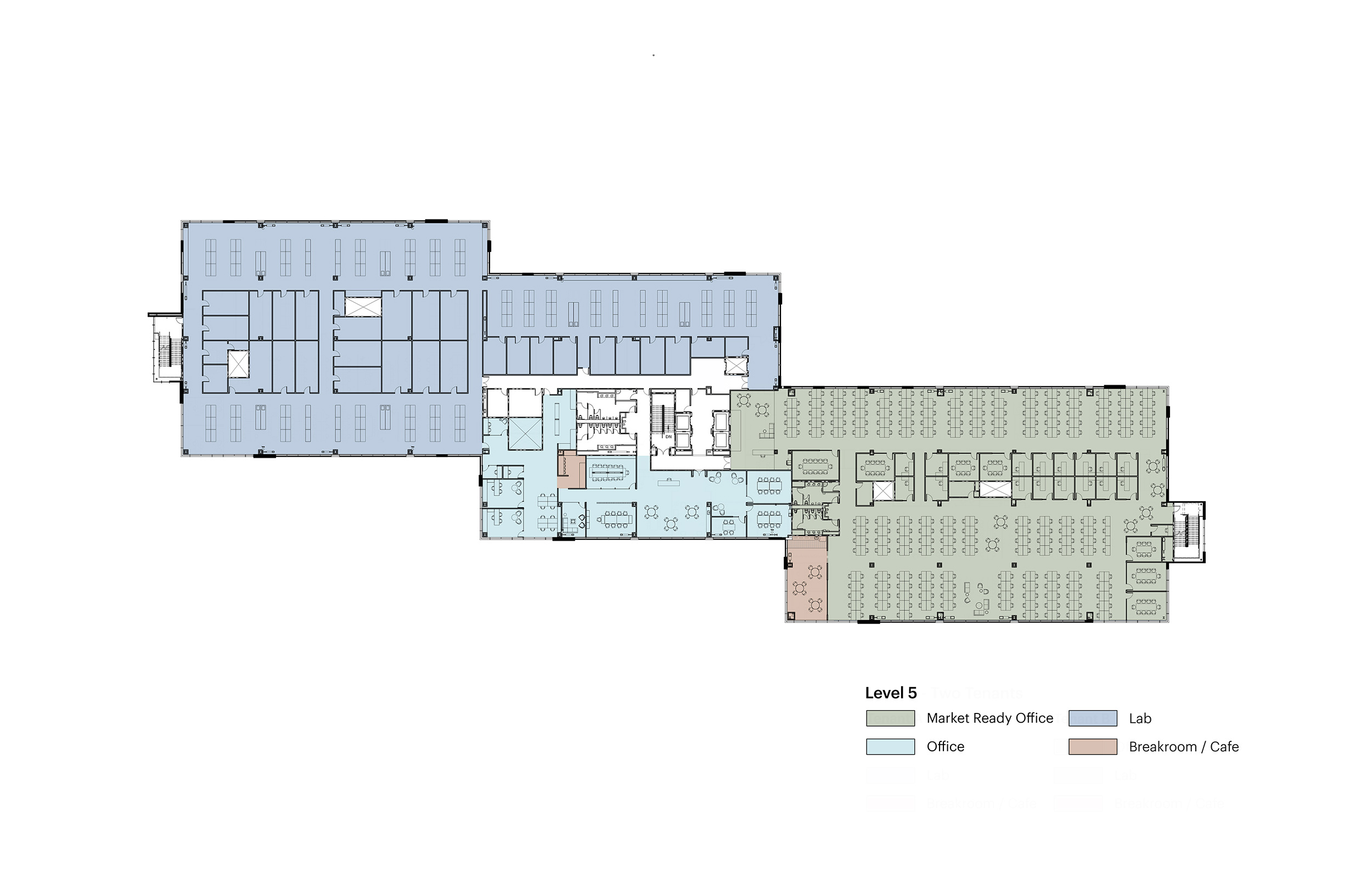 Floor plan of building showing Market Ready Office, Lab, Office, and Breakroom/Cafe
