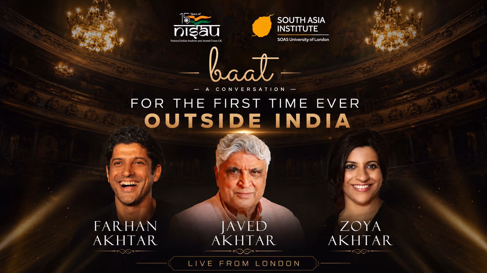 Farhan Akhtar, Javed Akhtar and Zoya Akhtar in conversation at NISAU x SOAS "baat" event