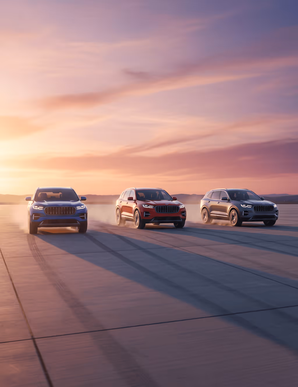 3 cars driving on a flat surface with a sunset behind them