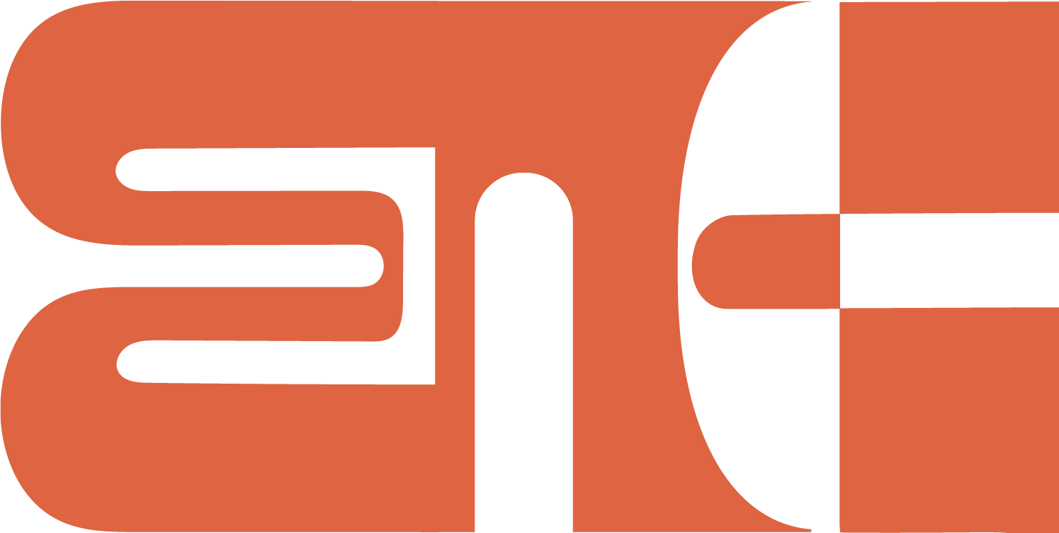 Abstract orange design featuring stylized letters E, N, and C and geometric shapes.