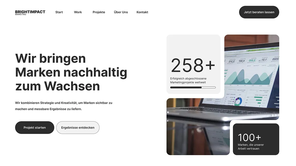 Marketingagentur Startseite – modernes Webdesign für Markenwachstum mit KPI-Visualisierungen und Case-Studies.