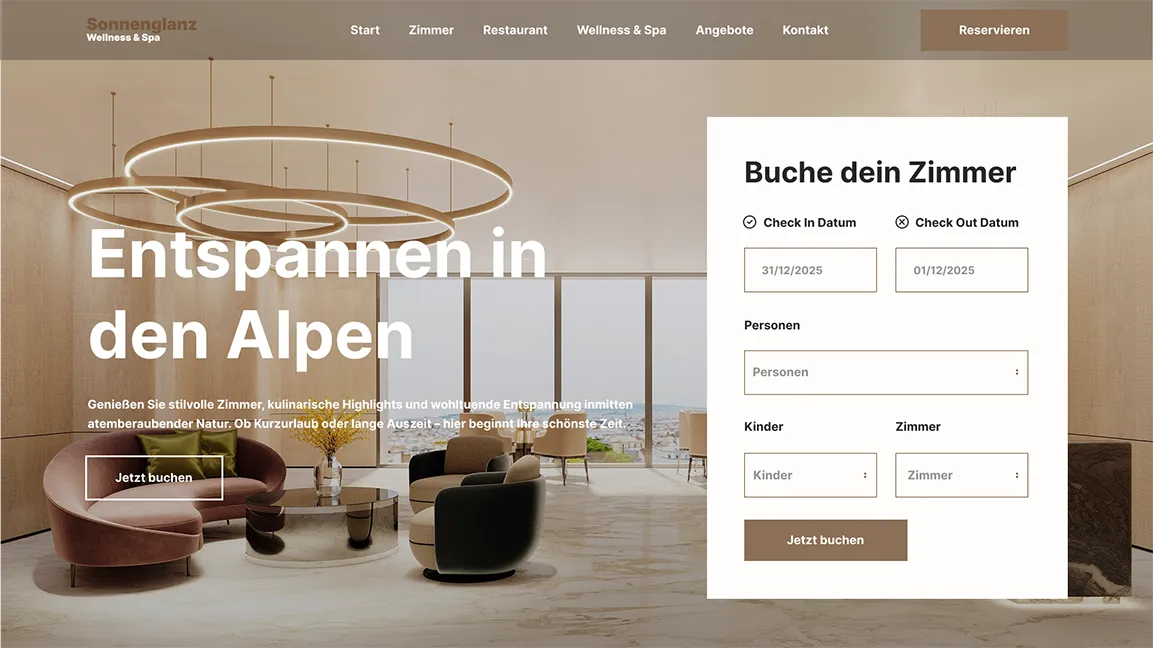 Moderne Startseite für Hotel mit direkter Buchfunktion und Full-Screen Hintergrundbild eines neuen Hotels. 