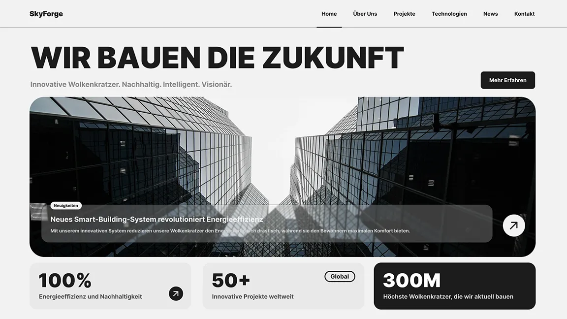 Moderne Startseite einer Baufirma mit Fokus auf Smart-Building-Technologie und zukunftsweisende Architektur.