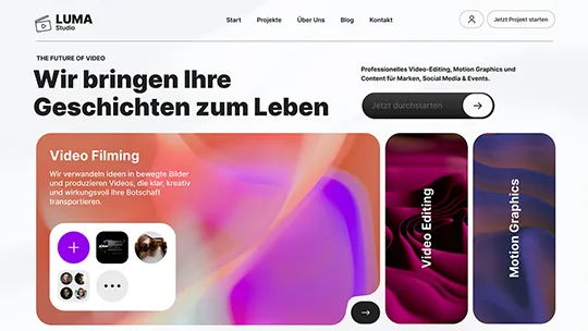 Website für Videoproduktion. Klare Struktur für Video Filming, Editing und Motion Graphics