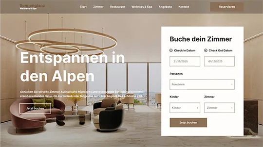 Moderne Startseite für Hotel mit direkter Buchfunktion und Full-Screen Hintergrundbild eines neuen Hotels. 