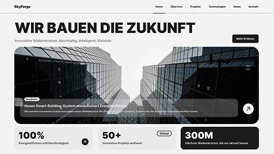Moderne Startseite einer Baufirma mit Fokus auf Smart-Building-Technologie und zukunftsweisende Architektur.