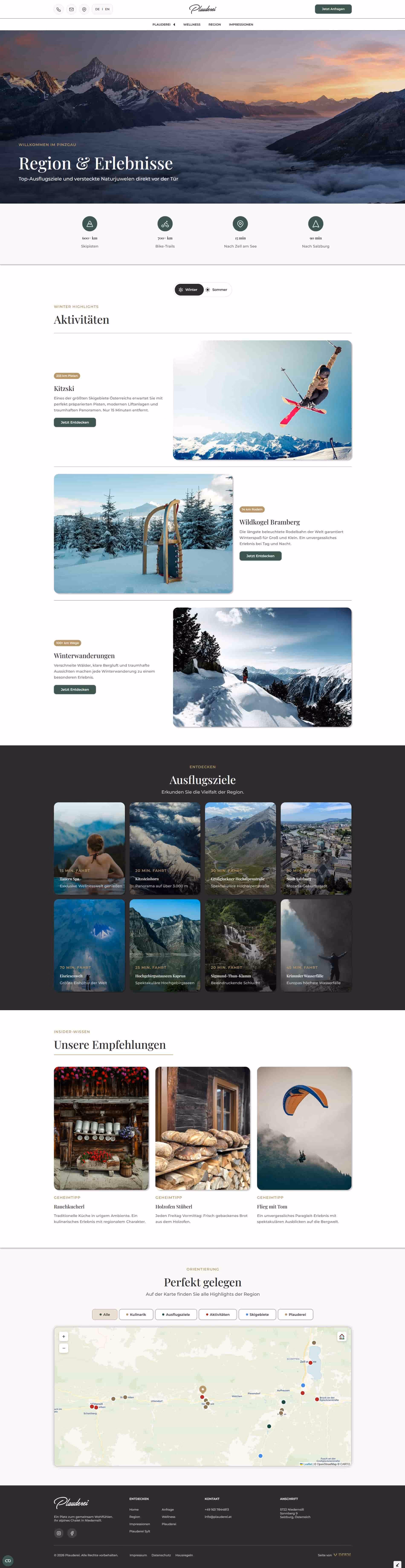 Webseite mit Landschaftsfoto der Pinzgauer Berge über einem Meer aus Wolken bei Sonnenuntergang, Informationen zu Aktivitäten, Ausflugszielen, Empfehlungen und interaktive Karte der Region.