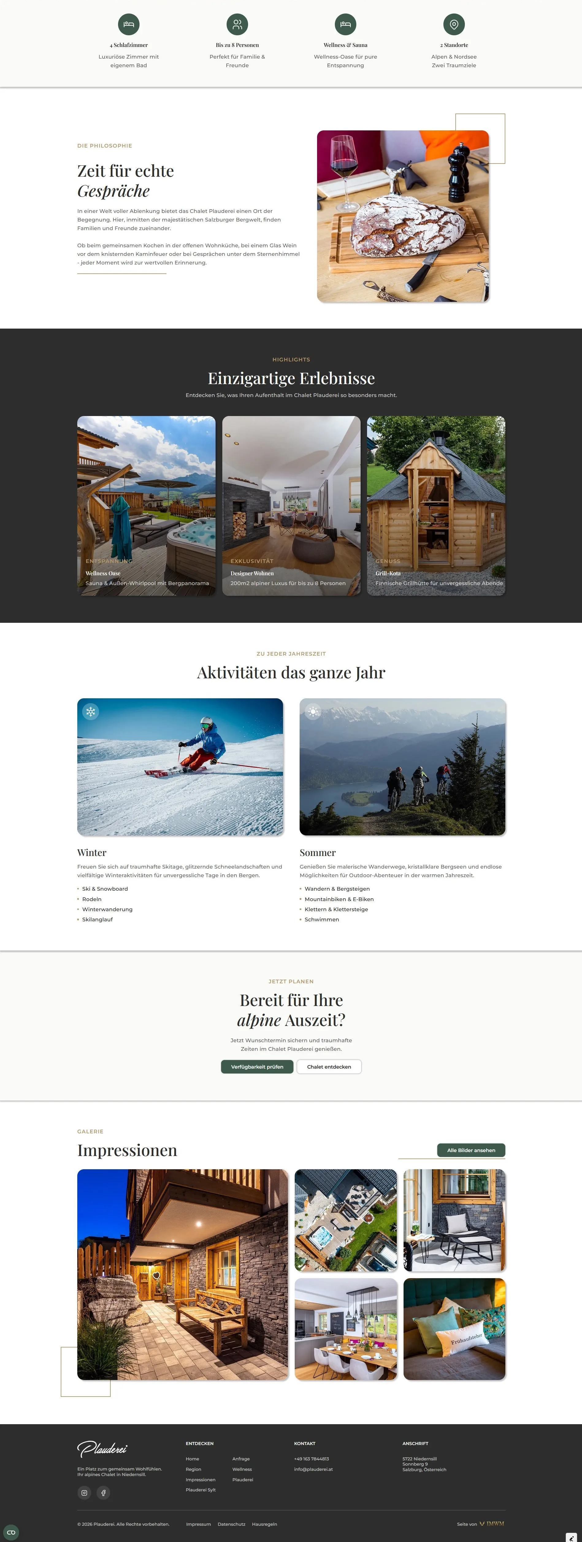 Website section showing Chalet Plauderei's philosophy, unique experiences like wellness and designer living, year-round activities including skiing and hiking, and a gallery of impression images of the chalet interior and exterior.