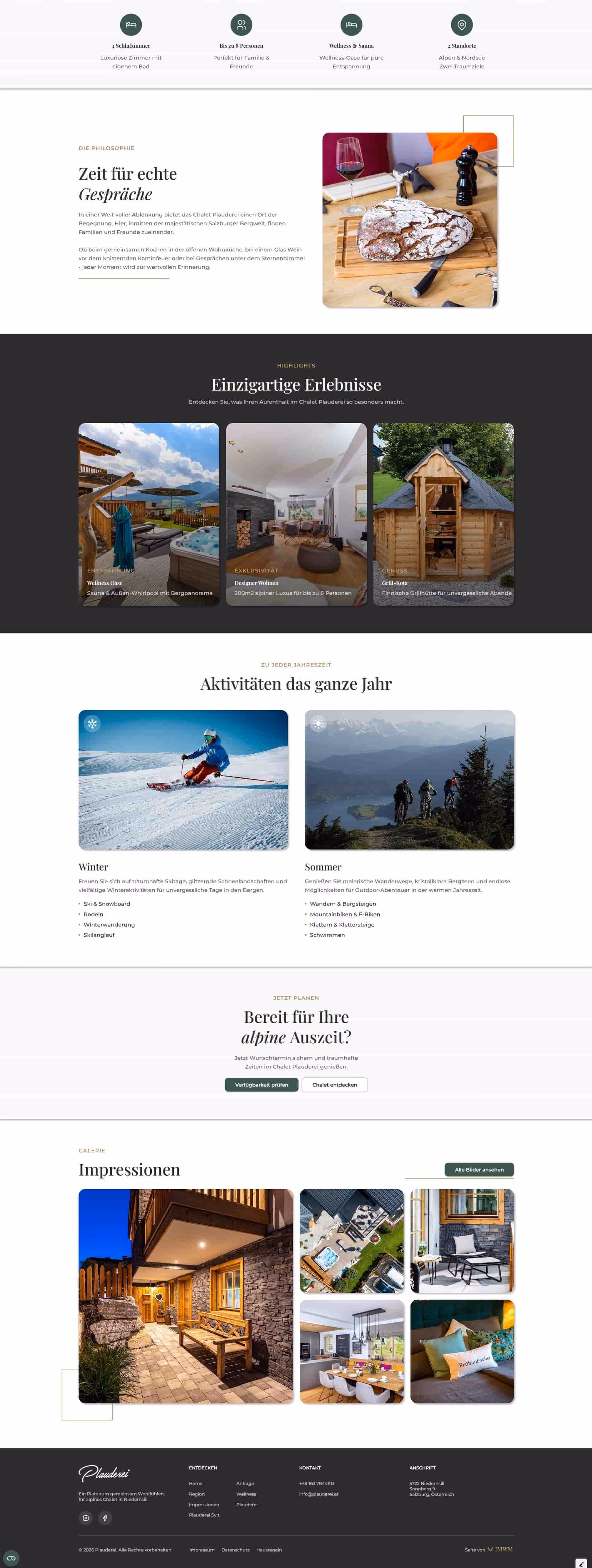 Website section showing Chalet Plauderei's philosophy, unique experiences like wellness and designer living, year-round activities including skiing and hiking, and a gallery of impression images of the chalet interior and exterior.