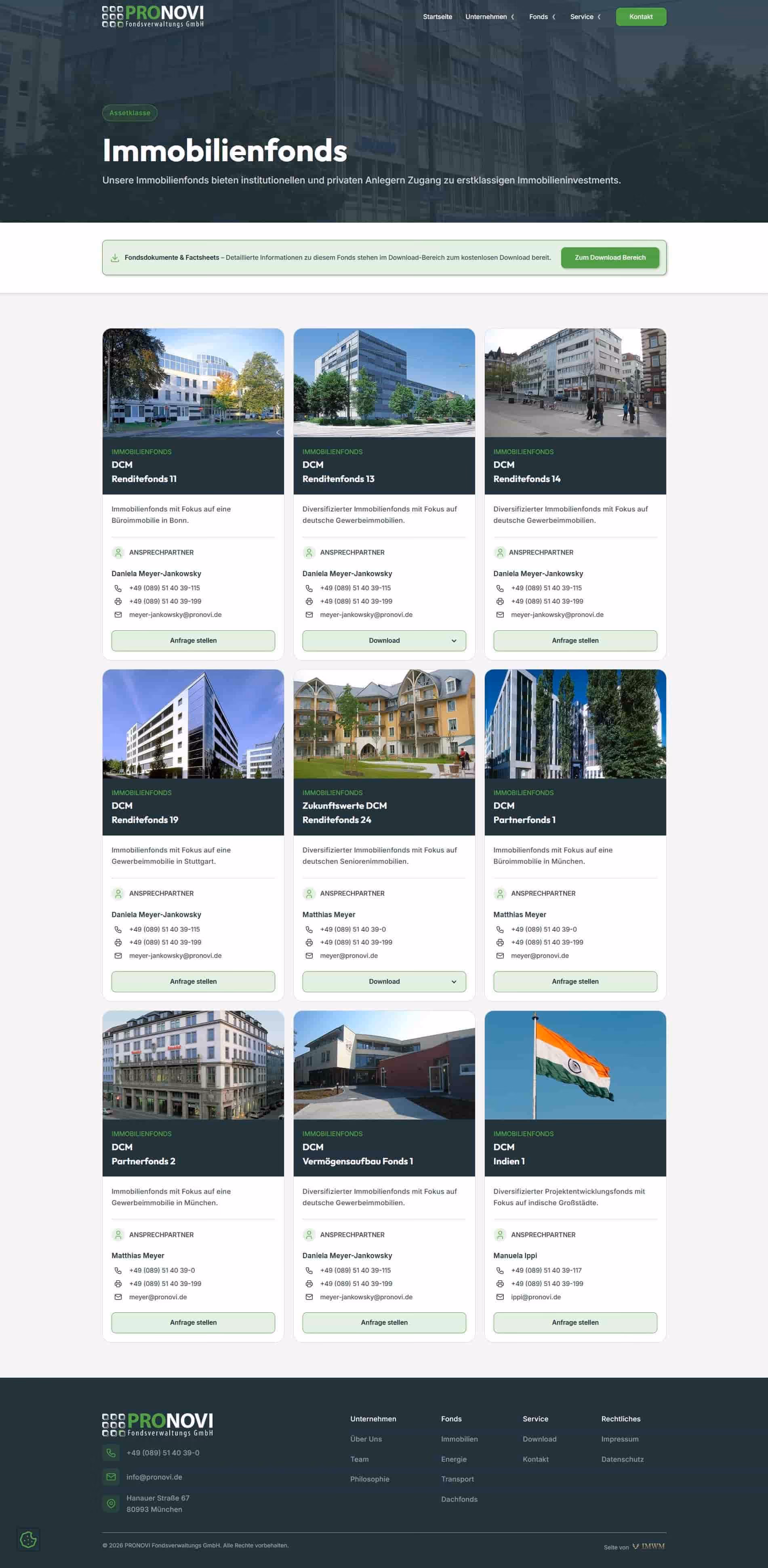 Webseite der PRONOVI Fondsverwaltungs GmbH zeigt Immobilienfonds mit Fokus auf Büro- und Gewerbeimmobilien in deutschen Städten und indischen Großstädten, inklusive Kontaktinformationen der Ansprechpartner.