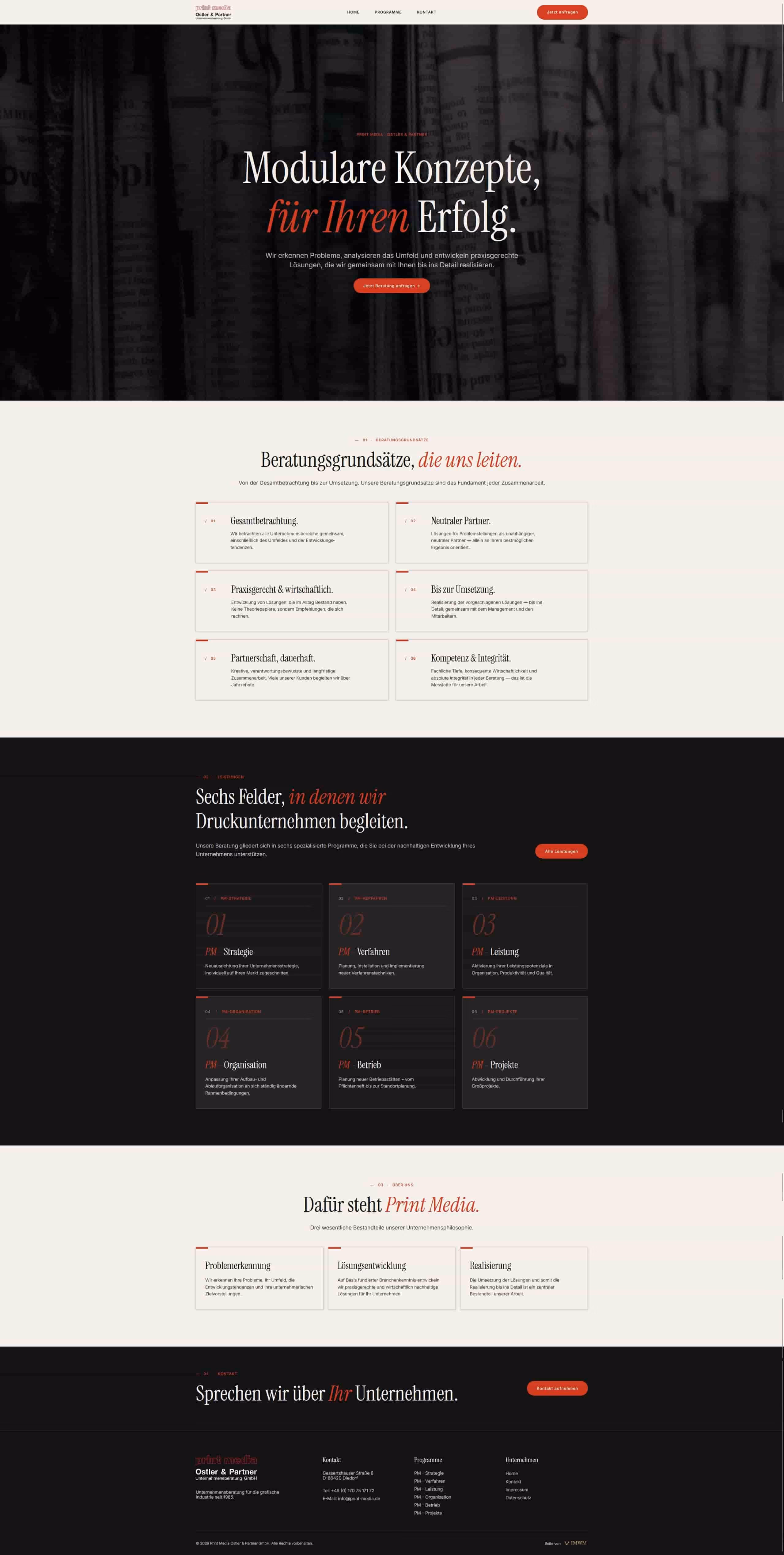 Webseitendesign mit modularen Konzepten für Erfolg und Beratungsgrundsätzen, Leistungen, Philosophie und Kontaktinfo.