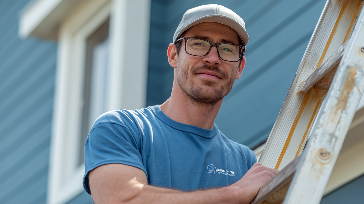 A professional contractor installing a grab bar in a modern bathroom