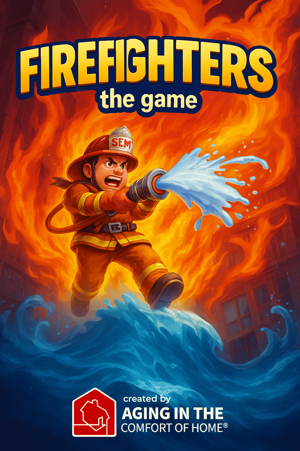 Firefighters: The Game cover, a firefighter blasting a wall of flame with a hose