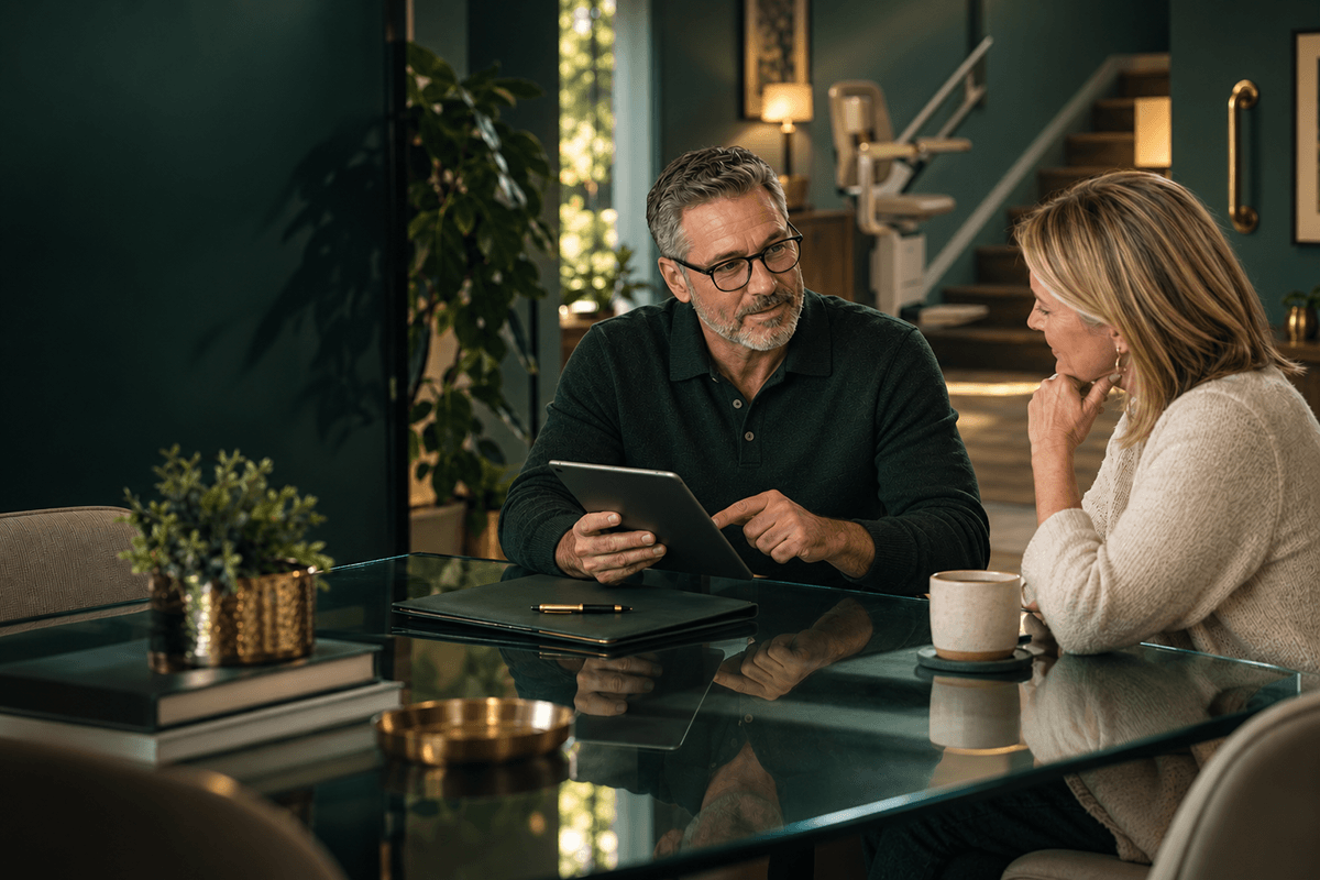A broker walks a client through the opportunity on a tablet, with a stair lift on the staircase behind them