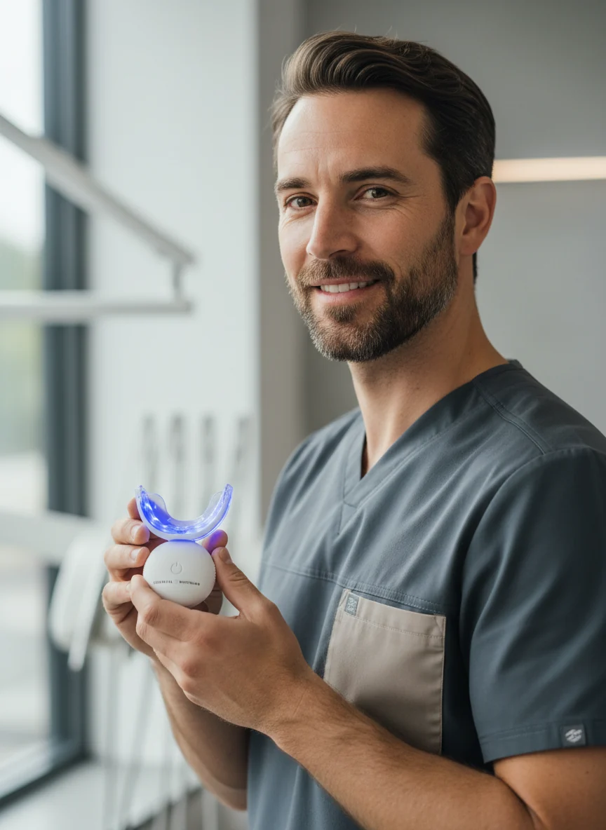 Patient using the Essential Whitening blue LED mouthpiece during an in-office dental whitening treatment