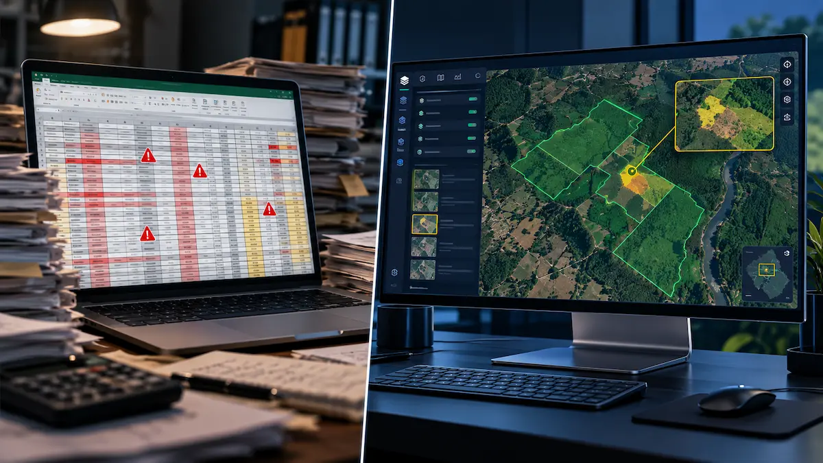 Comparativa visual entre gestión tradicional de terrenos en Excel vs software satelital Geofile para bancos de tierra