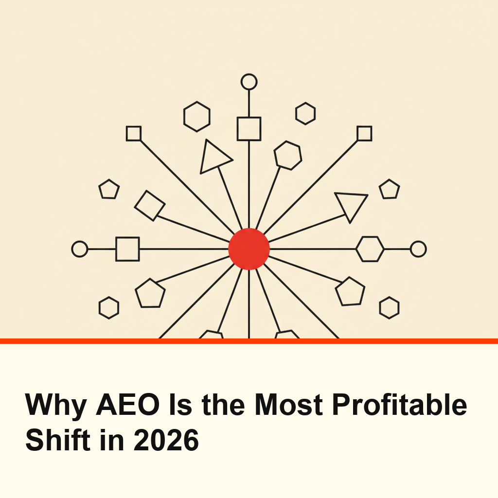 Answer engine optimization AEO - connected geometric nodes forming a knowledge graph with bold red focal point